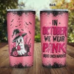 In October We Wear Pink Boo Ghost Halloween Breast Cancer Awareness Insulated Tumbler Cup With Lid and Straw