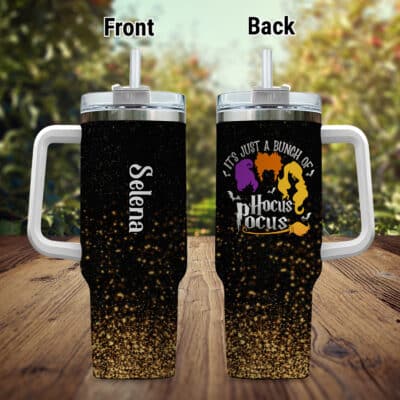 Personalized It's Just a Bunch Of Hocus Pocus Funny Halloween Insulated Tumbler Cup With Handle and Straw