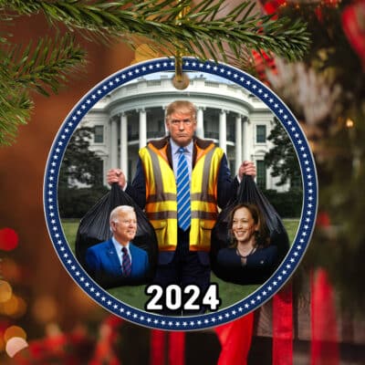 Alternative view of Trump Throwing Garbage Funny Biden Kamala Circle Christmas Ornament Keepsake