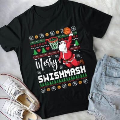 Alternative view of Merry Swishmas Funny Santa Basketball Ugly Christmas T-Shirt