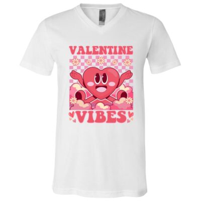 Retro Valentine's Day Heart Valentine Vibes T-Shirt, White, V-Neck T-Shirt