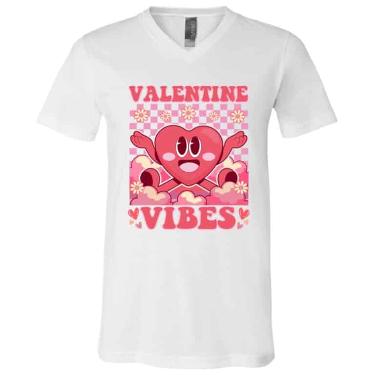 Retro Valentine's Day Heart Valentine Vibes T-Shirt, White, V-Neck T-Shirt