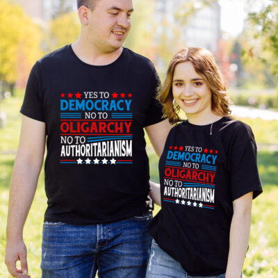 Alternative view of Yes To Democracy No To Oligarchy No To Authoritarianism Political T-Shirt