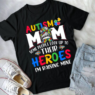 Autism Mom Raising Hero Groovy Messy Bun Autism Awareness T-Shirt - V-Neck Shirt