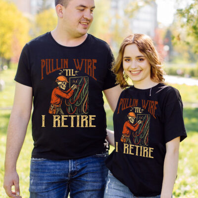 Alternative view of Pullin Wire Til I Retire Funny Skeleton Electrician T-Shirt - Gifts For Electrician
