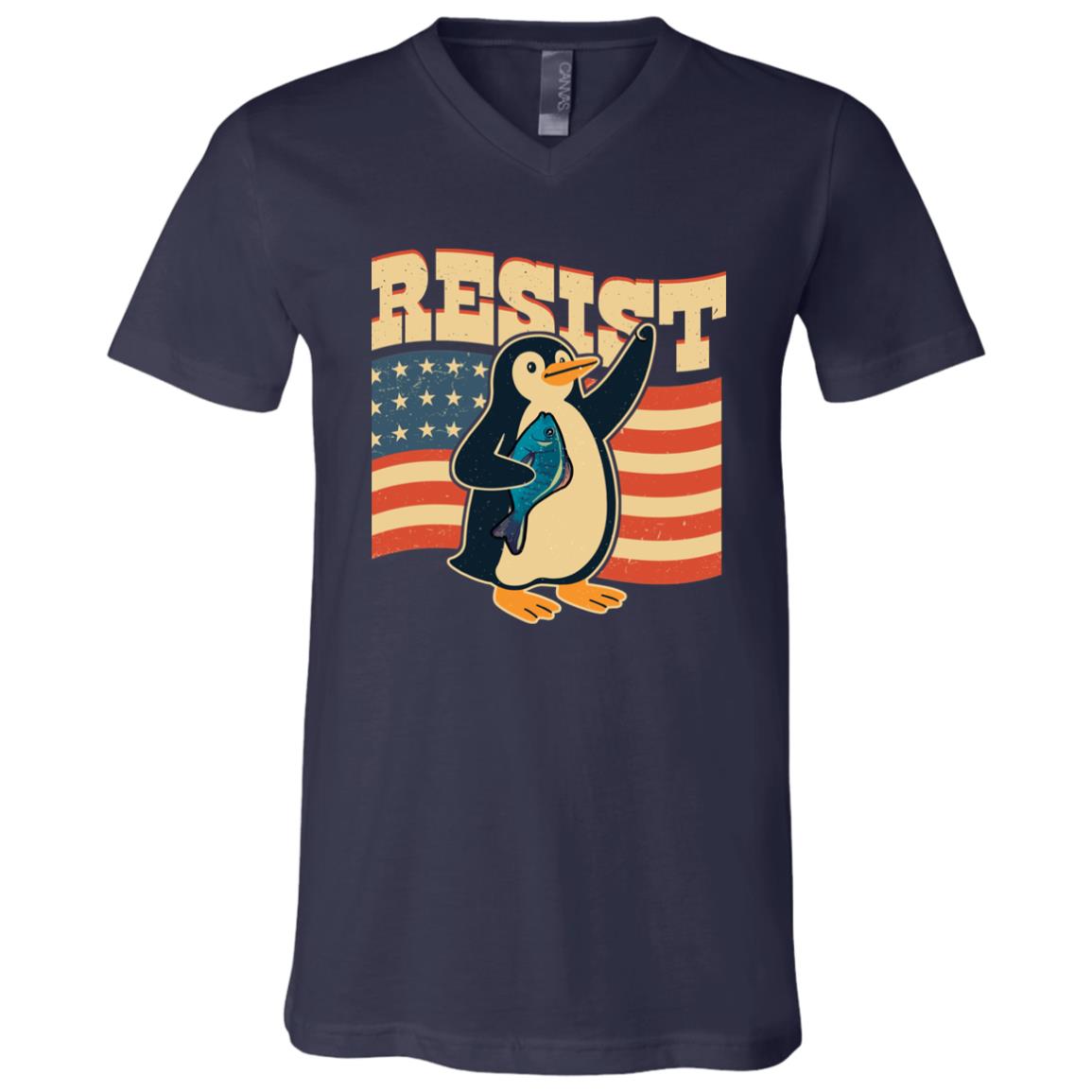 Penguin Flippers Up Resist Funny Penguins Against Trump T-Shirt - V-Neck Shirt, Navy, V-Neck T-Shirt