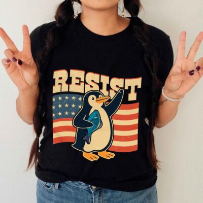 Alternative view of Penguin Flippers Up Resist Funny Penguins Against Trump T-Shirt - V-Neck Shirt
