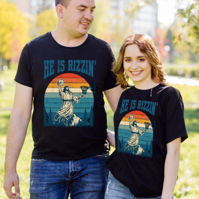 Alternative view of He Is Rizzin Funny Jesus Basketball Vintage Retro Religious T-Shirt