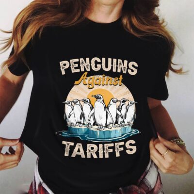 Alternative view of Penguins Against Tariffs Funny Political Vintage Retro T-Shirt