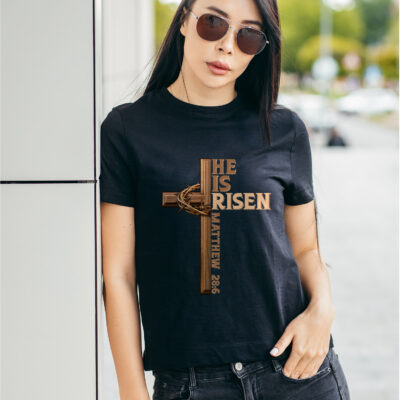 Alternative view of He Is Risen Matthew 28:6 Jesus Cross Christian Religious T-Shirt