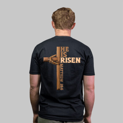Alternative view of He Is Risen Matthew 28:6 Jesus Cross Christian Religious Print On Back T-Shirt Only