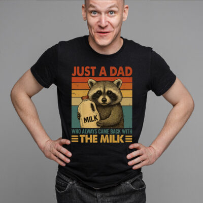 Alternative view of Just A Dad Who Always Came Back With The Milk Funny Raccoon Vintage Retro T-Shirt - Father's Day Gifts