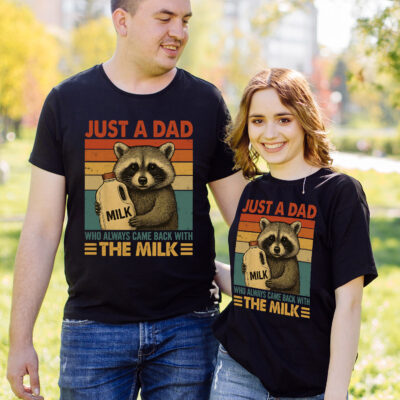 Just A Dad Who Always Came Back With The Milk Funny Raccoon Vintage Retro T-Shirt - Father's Day Gifts