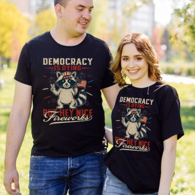 Alternative view of Democracy Is Dying But Hey Nice Fireworks Funny Raccoon 4th Of July T-Shirt - V-Neck Shirt