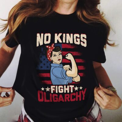 Alternative view of No Kings Fight Oligarchy Woman's Girl American Flag T-Shirt - V-Neck Shirt