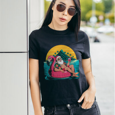 Alternative view of Chritmas in July Funny Santa Flamingo Float T-Shirt
