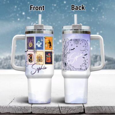 Personalized Name Halloween Stamps Cute Ghost Pumpkin Cat Fall Insulated Tumbler Cup With Handle and Straw