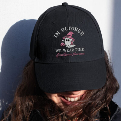 In October We Wear Pink Cute Boo Ghost Halloween Breast Cancer Awareness Embroidered Twill Hat Adjustable Cap
