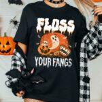 Floss Your Fangs Funny Dental Hygienist Boo Ghost T-Shirt - Halloween Dentist V-Neck Shirt