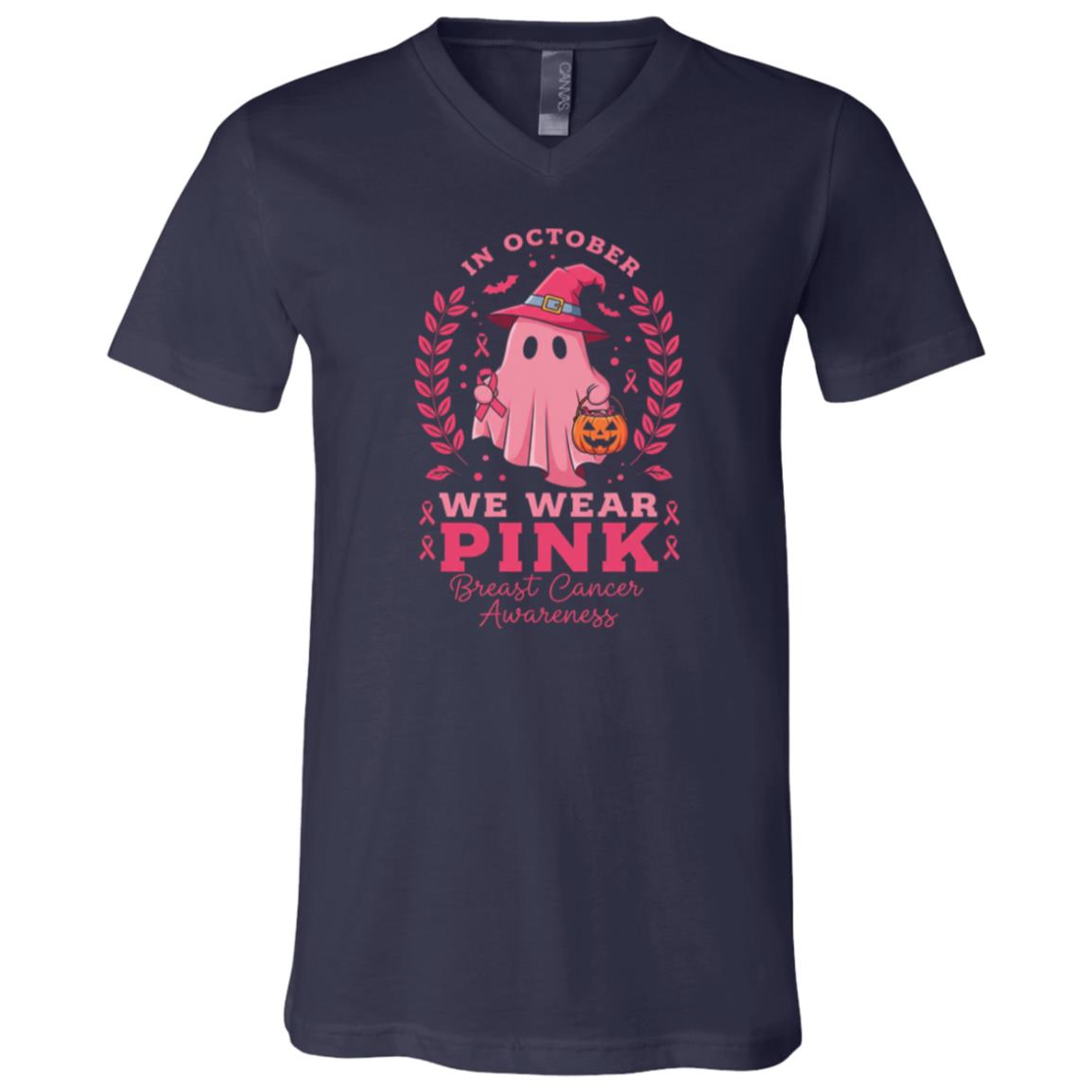 in October We Wear Pink Breast Cancer Women Halloween T-Shirt - V-Neck Shirt, Navy, V-Neck T-Shirt