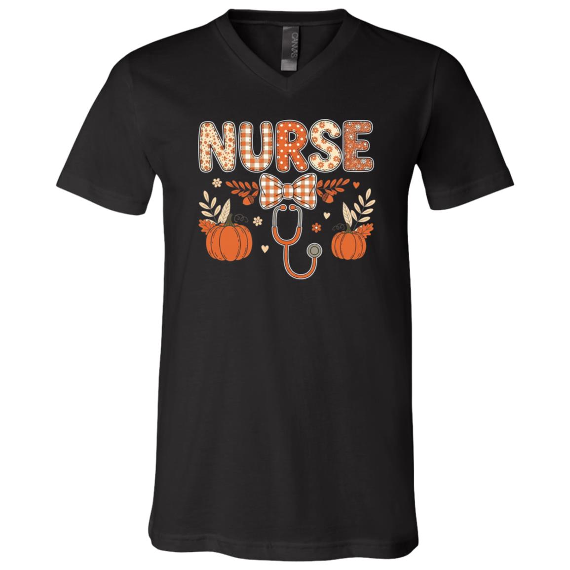 Nurse Life Stethoscope Retro Pumpkin Fall Autumn Funny T-Shirt, Black, V-Neck T-Shirt