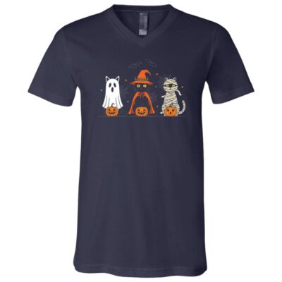 Retro Black Cat Witch Pumpkin Women Men Kids Scary Halloween T-Shirt, Navy, V-Neck T-Shirt