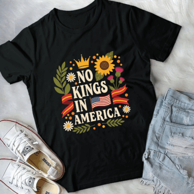 Alternative view of No King in America Floral 4th July No Kings American T-Shirt - V-Neck Shirt