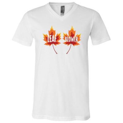 Funny Leaf Blower Fall Thanksgiving Matching T-Shirt - V-Neck Shirt, White, V-Neck T-Shirt