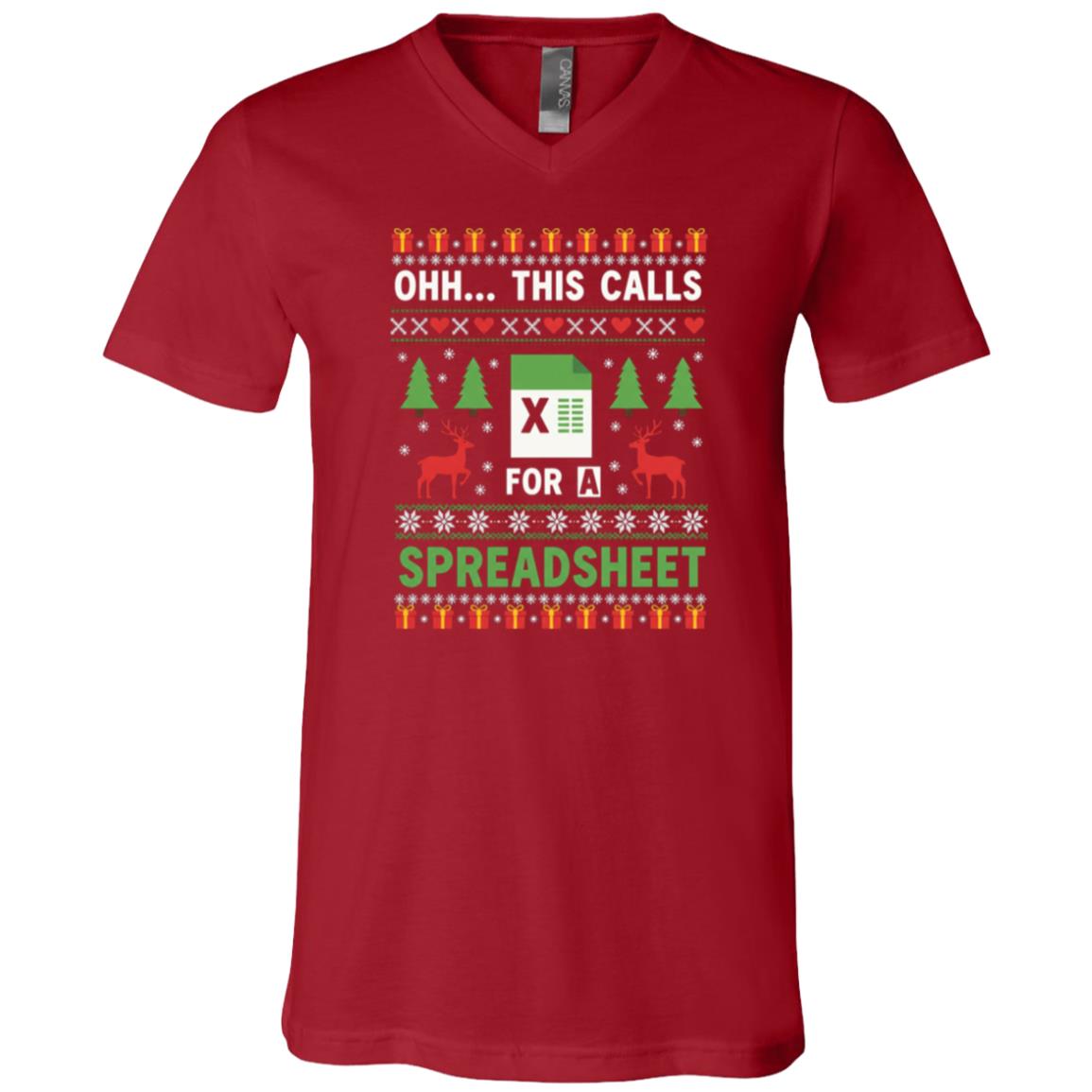 Oh This Calls for a Spreadsheet Christmas Excel Ugly T-Shirt - V-Neck Shirt for Men Women, Canvas Red, V-Neck T-Shirt