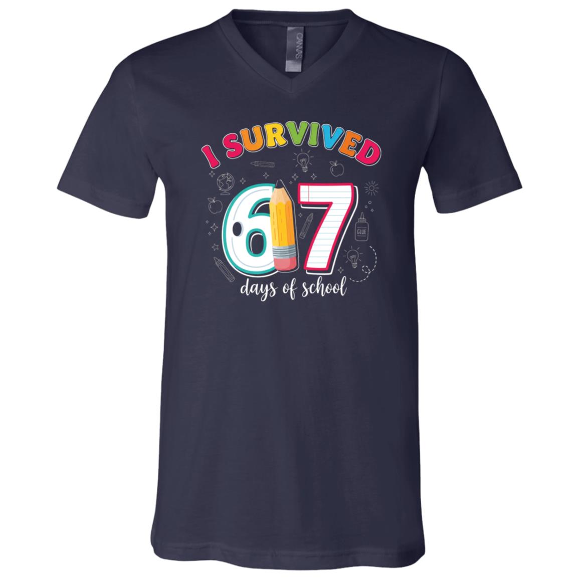 I Survived 67 Days of School Meme Teacher Student T-Shirt For Kids Men Women, Navy, V-Neck T-Shirt