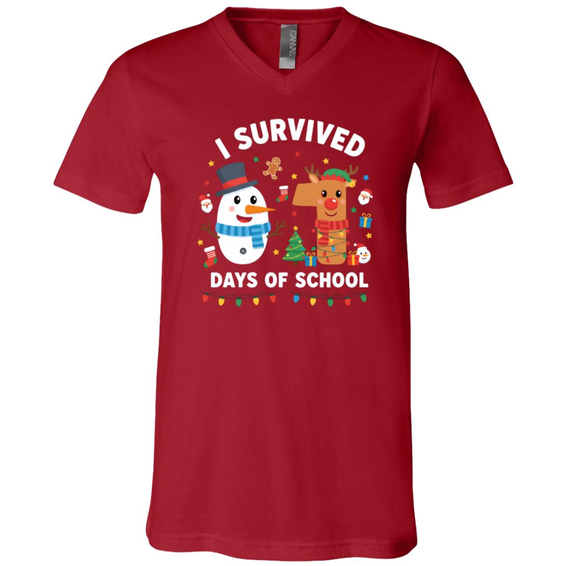 I Survived 67 Days of School Funny Teacher Student Christmas T-Shirt for Women Men Kids, Canvas Red, V-Neck T-Shirt